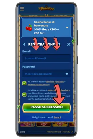 Inserimento email e password Pandido